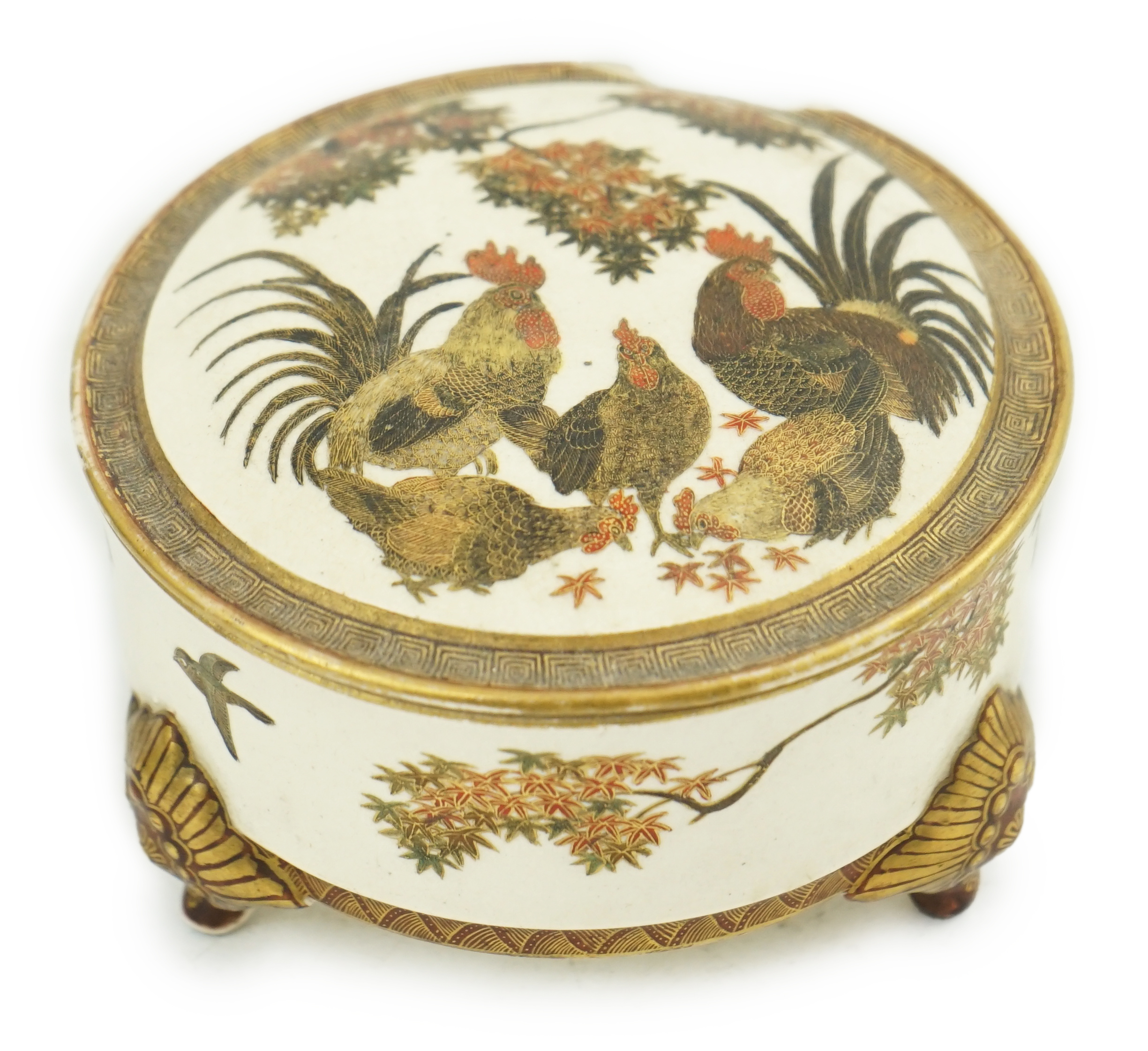 A Japanese Satsuma 'chicken' box and cover, by Kinkozan, Meiji period